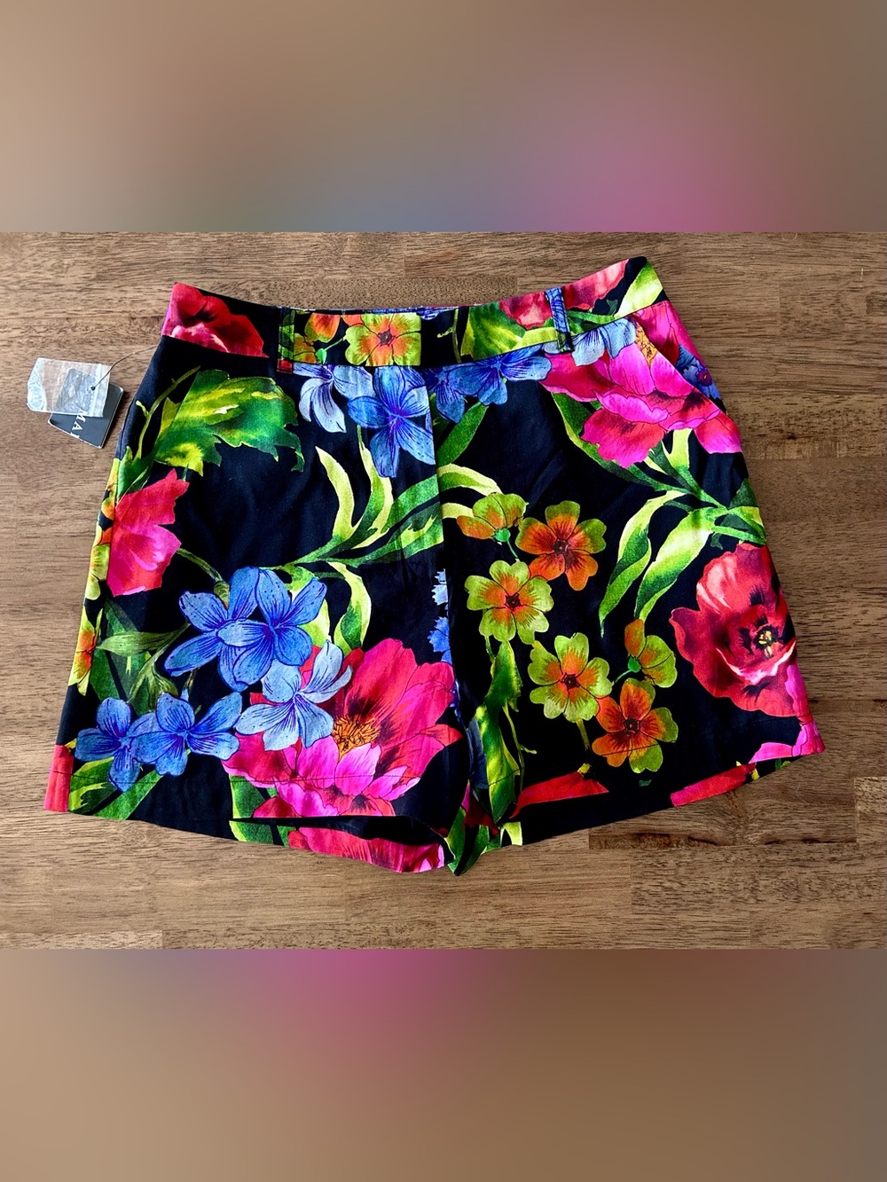 Marciano Black Floral Bermuda Shorts with Bright Multicolor Blooms